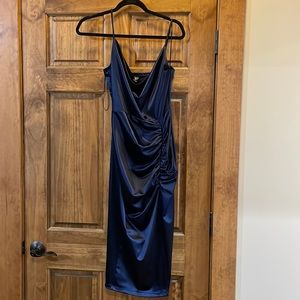 WINDSOR navy blue silk dress with touching and leg slit
